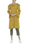 Buy_Chambray & CO._Yellow Plain Sweetheart Neck Button Down Off Shoulder Ruffle Dress_at_Aza_Fashions