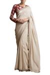 Buy_Sue Mue_White Raw Silk And Georgette Embroidered Long Clay Saree With Blouse _at_Aza_Fashions