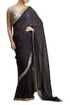 Buy_Sue Mue_Black Raw Silk And Georgette Embroidered V Neck Saree With Blouse _at_Aza_Fashions