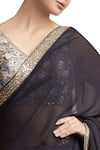 Sue Mue_Black Raw Silk And Georgette Embroidered V Neck Saree With Blouse _Online_at_Aza_Fashions