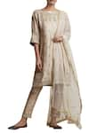 Buy_Sue Mue_Beige Boat Neck Metallic Embroidered Kurta And Straight Pant Set _at_Aza_Fashions