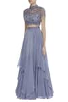 Buy_Nitika Kanodia Gupta_Grey Crepe Cutdana High Neck Embellished Crop-top With Skirt _Online_at_Aza_Fashions