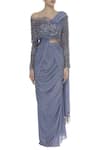 Shop_Nitika Kanodia Gupta_Grey Crepe Cutdana Pre-draped Saree With Embellished Blouse  _Online_at_Aza_Fashions