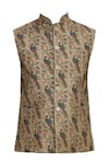 Buy_Devanshi Didwania_Gold Peacock Print Nehru Jacket_Online_at_Aza_Fashions