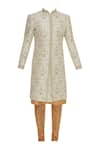 Vanshik_Off White Raw Silk Embroidery Floral Jaal Sherwani Set _Online_at_Aza_Fashions