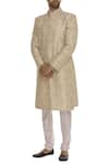 Buy_Vanshik_Peach Raw Silk Motif Floral Jaal Embroidered Sherwani Set _at_Aza_Fashions