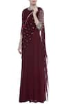 Buy_Nidhika Shekhar_Maroon Crepe Cutdana Embroidery Round Pre-draped Saree Gown _at_Aza_Fashions