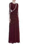 Nidhika Shekhar_Maroon Crepe Cutdana Embroidery Round Pre-draped Saree Gown _Online_at_Aza_Fashions