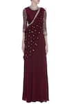 Shop_Nidhika Shekhar_Maroon Crepe Cutdana Embroidery Round Pre-draped Saree Gown _Online_at_Aza_Fashions