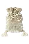 Shop Adora By Ankita Silver Pearls, Beads, Cut Work Fringed Flapper Potli Bag at Aza Fashions Shop_Adora By Ankita_Silver Pearls, Beads, Cut Work Fringed Flapper Potli Bag _at_Aza_Fashions