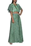 Nautanky_Green Chiffon, Slub Silk Printed V-neck Slit Skirt And Crop Top Set _Online_at_Aza_Fashions