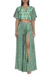 Buy_Nautanky_Green Chiffon, Slub Silk Printed V-neck Slit Skirt And Crop Top Set _at_Aza_Fashions