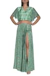 Buy_Nautanky_Green Chiffon, Slub Silk Printed V-neck Slit Skirt And Crop Top Set _Online_at_Aza_Fashions