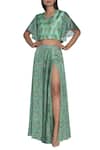 Shop_Nautanky_Green Chiffon, Slub Silk Printed V-neck Slit Skirt And Crop Top Set _Online_at_Aza_Fashions