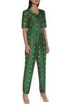 Nautanky_Green Chiffon, Slub Silk Printed V-neck On Pant Set _Online_at_Aza_Fashions