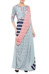 Buy_Soup by Sougat Paul_Blue Crepe Printed Striped Round Neck Pre-draped Saree Gown _at_Aza_Fashions