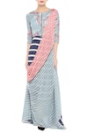 Soup by Sougat Paul_Blue Crepe Printed Striped Round Neck Pre-draped Saree Gown _Online_at_Aza_Fashions