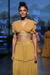 Shruti Sancheti_Yellow Cross Stitch Embroidered Floral V Neck Tiered Skirt With Crop Top _Online_at_Aza_Fashions