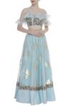 Buy_Rajat K Tangri_Blue Silk Organza Embroidered Cold Shoulder Hand Ruffle Blouse With Lehenga _at_Aza_Fashions
