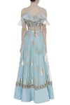 Shop_Rajat K Tangri_Blue Silk Organza Embroidered Cold Shoulder Hand Ruffle Blouse With Lehenga _at_Aza_Fashions
