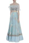 Rajat K Tangri_Blue Silk Organza Embroidered Cold Shoulder Hand Ruffle Blouse With Lehenga _Online_at_Aza_Fashions