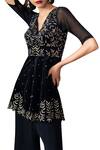 Shop_Mishru_Black Leaf Embroidered Peplum Top Palazzo Set_at_Aza_Fashions