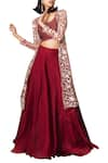 Mishru_Red Net Embroidery Thread Round Jacket Lehenga Set _Online_at_Aza_Fashions