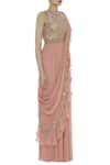 Shruti Ranka_Pink Georgette Zardozi Embroidered Sequins And Ruffled Saree Jumpsuit  _Online_at_Aza_Fashions