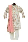 Buy_Fayon Kids_Off White Cotton, Silk Embroidery Ajkan With Churidaar And Stole _at_Aza_Fashions