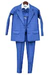 Buy_Fayon Kids_Blue Cotton, Suede Checkered Coat With Waistcoat Shirt And Pants _at_Aza_Fashions