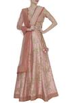 Buy_Vandana Sethi_Peach Raw Silk Embroidered V-neck Zari And Zricon Bridal Lehenga Set_at_Aza_Fashions