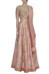 Vandana Sethi_Peach Raw Silk Embroidered V-neck Zari And Zricon Bridal Lehenga Set_Online_at_Aza_Fashions