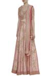 Buy_Vandana Sethi_Peach Raw Silk Embroidered V-neck Zari And Zricon Bridal Lehenga Set_Online_at_Aza_Fashions