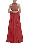 Buy_Vandana Sethi_Red Silk Sequin Embroidered Halter Neck Pleated Lehenga With Blouse And Dupatta _at_Aza_Fashions