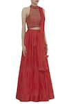 Vandana Sethi_Red Silk Sequin Embroidered Halter Neck Pleated Lehenga With Blouse And Dupatta _Online_at_Aza_Fashions