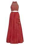 Shop_Vandana Sethi_Red Silk Sequin Embroidered Halter Neck Pleated Lehenga With Blouse And Dupatta _Online_at_Aza_Fashions