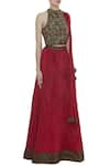 Vandana Sethi_Maroon Silk Sequin Embroidered Halter Pleated Lehenga With Blouse And Dupatta _Online_at_Aza_Fashions