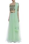 Buy_Vandana Sethi_Green Net Embroidered Off Shoulder Sequin And Zardozi Lehenga Set_Online_at_Aza_Fashions