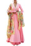 Buy_Nikasha_Pink Cotton V Neck Angrakha Kurta With Printed Dupatta _Online_at_Aza_Fashions