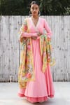 Nikasha_Pink Cotton V Neck Angrakha Kurta With Printed Dupatta _Online_at_Aza_Fashions