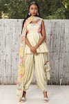 Buy_Nikasha_Yellow Deep Round Neck Floral Print Peplum Top With Dhoti Pants And Dupatta _at_Aza_Fashions