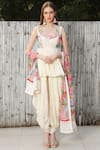 Buy_Nikasha_Off White Deep Round Neck Peplum Top With Dhoti Pants And Dupatta _at_Aza_Fashions