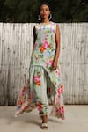 Buy_Nikasha_Green Closed Round Neck Floral Print Asymmetric Tunic With Dhoti Pants _at_Aza_Fashions