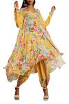 Nikasha_Yellow V Neck Floral Asymmetric Flared Tunic With Dhoti Pants _Online_at_Aza_Fashions