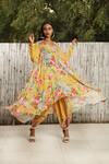 Buy_Nikasha_Yellow V Neck Floral Asymmetric Flared Tunic With Dhoti Pants _at_Aza_Fashions