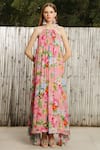 Buy_Nikasha_Pink Halter Neck Asymmetric Printed Tie Up Dress _at_Aza_Fashions