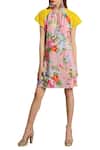 Buy_Nikasha_Yellow Tie Up Neck Rose Printed Dress  _Online_at_Aza_Fashions
