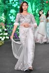 Buy_Kashmiraa_Grey Swiss Net Embroidery Aari Round Neck Saree With Faux Fur Detail Blouse _at_Aza_Fashions