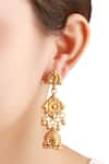 Shop_Sangeeta Boochra_Gold Plated Textured Metal Jhumkas With Peacock Head_at_Aza_Fashions