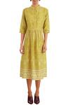 Buy_Varun Bahl_Yellow Chanderi Floral Print Dress_at_Aza_Fashions